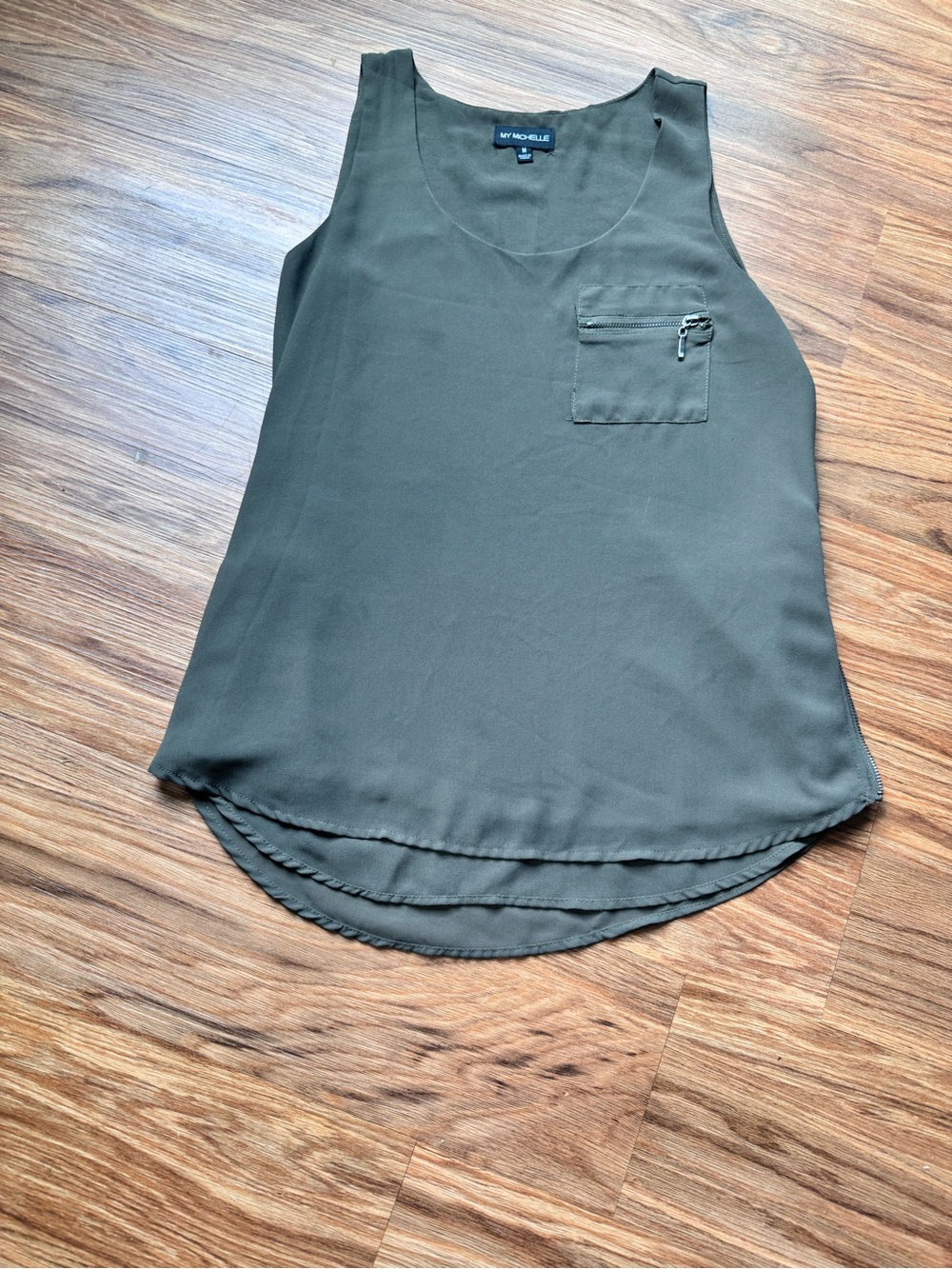 My Michelle Olive Green Sleeveless Zip-Pocket Tank